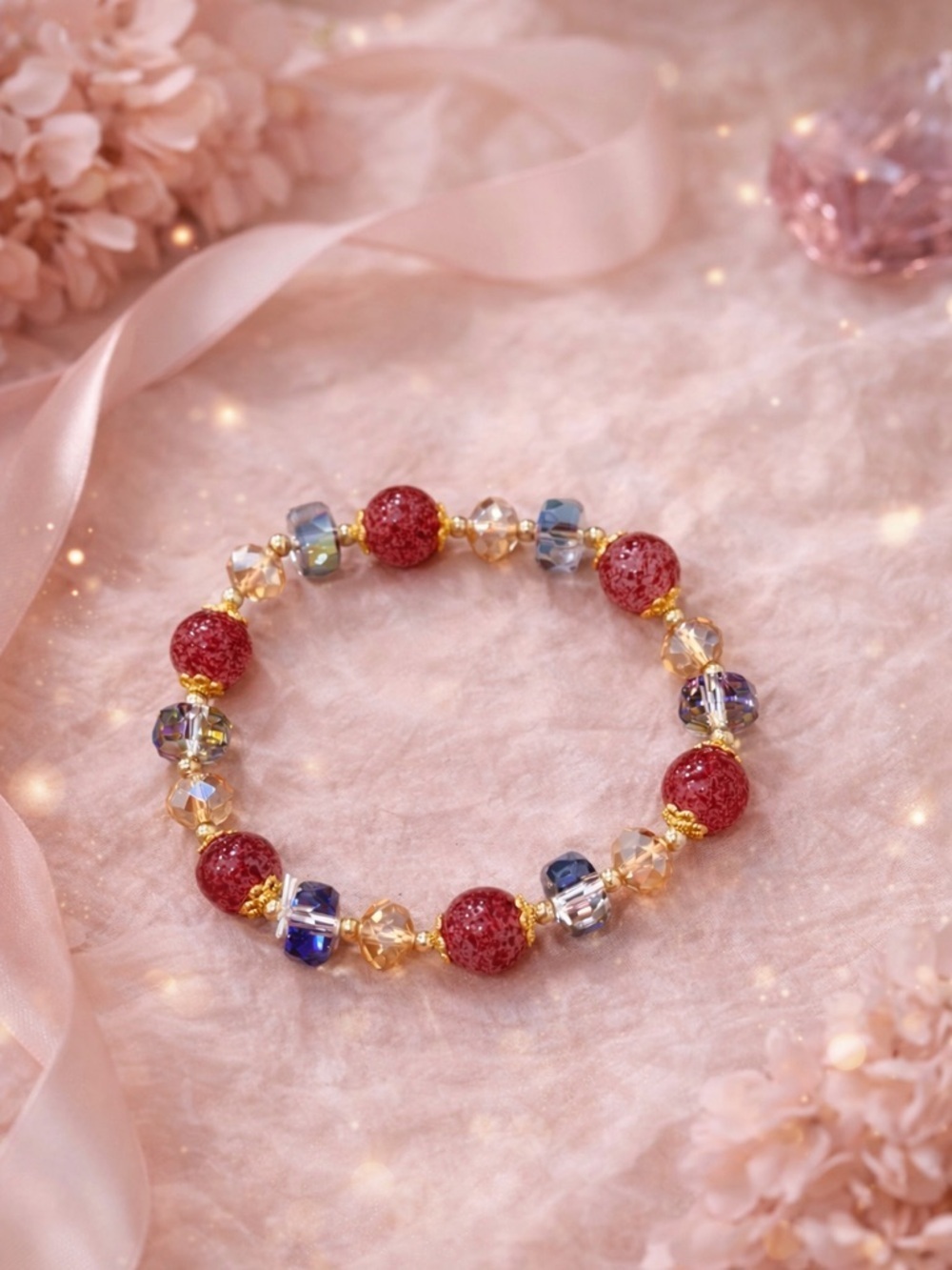 Blush Pink Crystal Beaded Bracelet Gold Accent Stretch Romantic Jewelry